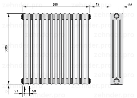 Схема (чертеж) Радиатор Zehnder Charleston 4300/15 №3370 Белый глянцевый RAL 9016